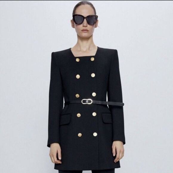 Zara Belted Gold Button Frock Coat NWT - Picture 4 of 11